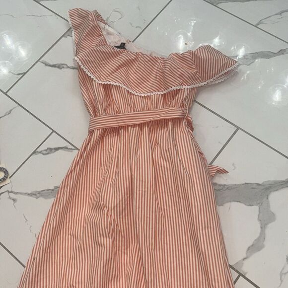 Skies Are Blue Orange/White One-Shoulder Striped Tie Dress Sz S NWT - Picture 9 of 9